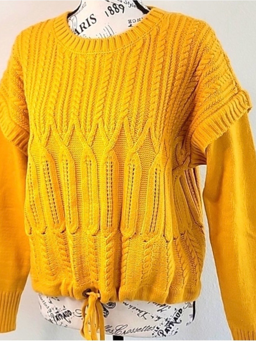 DKNY Mustard Yellow Cable-Knit Crewneck Sweater with Drawstring Waist